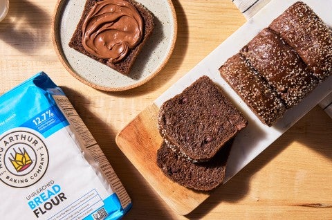 Chocolate Milk Bread sliced, some with Chocolate-Hazelnut spread - select to zoom