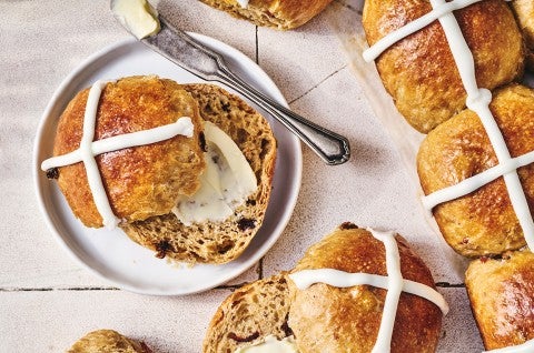 Easy Hot Cross Buns on a plate - select to zoom