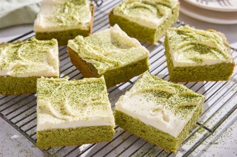 Matcha Latte Bars sliced on a cooling rack - select to zoom
