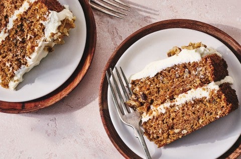 King Arthur's Carrot Cake sliced on two plates - select to zoom
