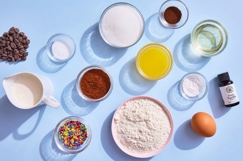 A top-down shot of the ingredients necessary to make Homemade Cosmic Brownies - select to zoom