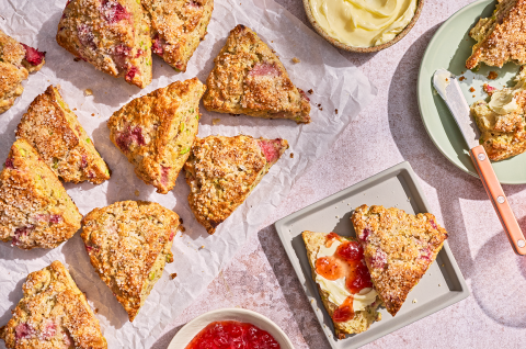 Roasted Strawberry and Pistachio Scones spread out in various preparations. - select to zoom