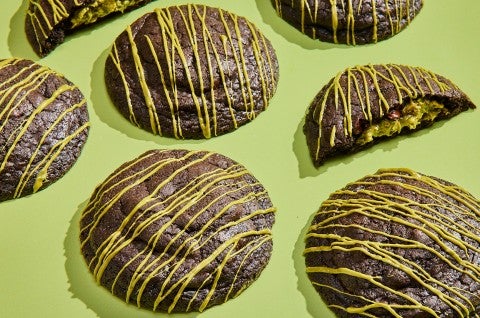 Gluten-Free Chocolate Pistachio Cookies on a green background - select to zoom