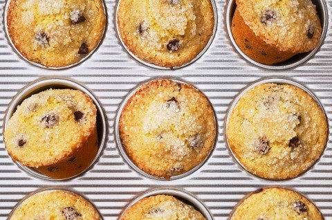 Easy Chocolate Chip Muffins in a muffin tin - select to zoom