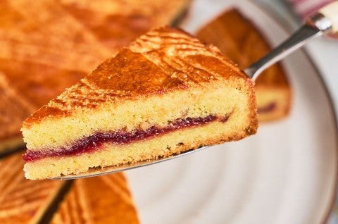 A slice of Gâteau Breton on a spatula - select to zoom