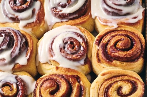 Sourdough Cinnamon Rolls in a pan seen from above. - select to zoom