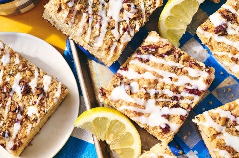 Lemon Streusel Coffee Cake arranged on a counter - select to zoom