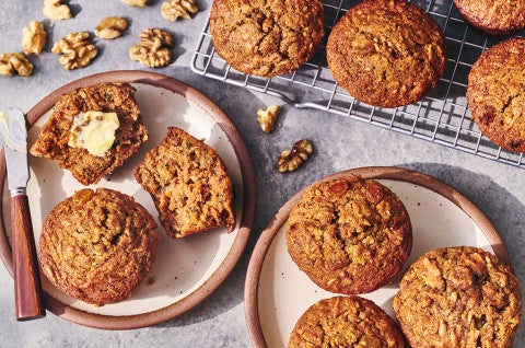 Morning Glory Muffins on plates and a baking rack - select to zoom