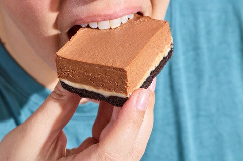 Eating a No-Bake Chocolate Cheesecake Bar - select to zoom