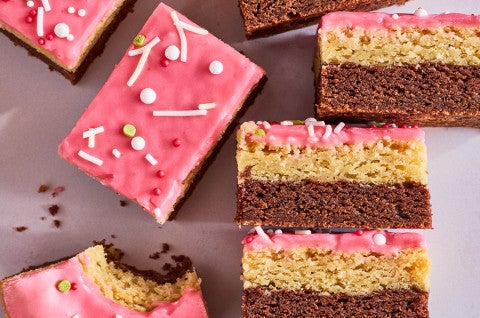 Neapolitan Sugar Cookie Bars showing layers of cookie and frosting - select to zoom
