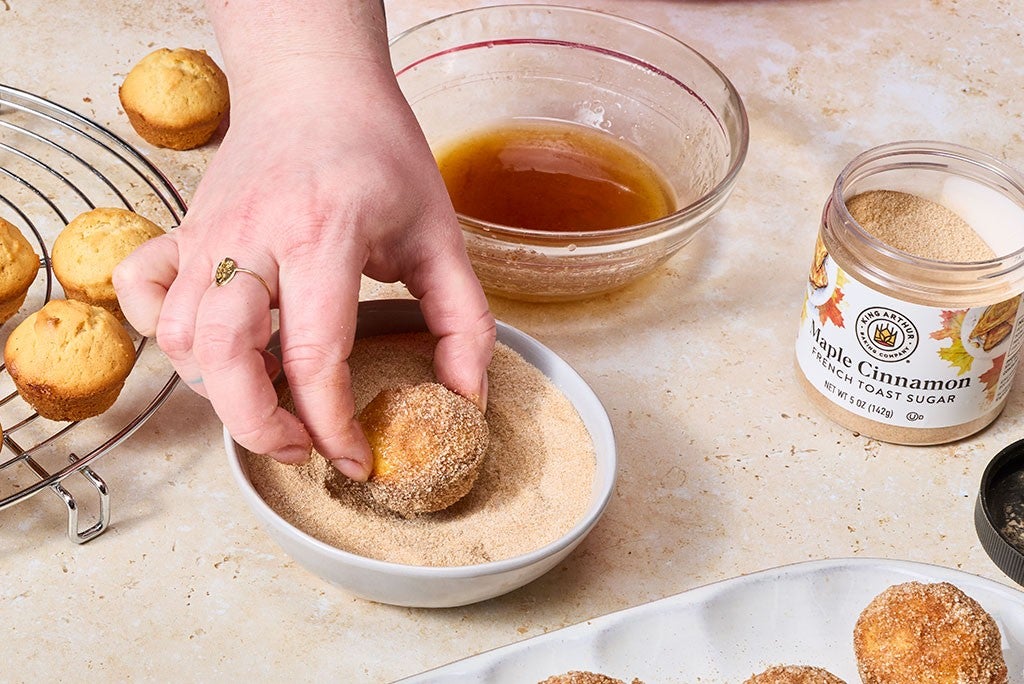 Dipping and coating Maple French Toast Mini Muffins