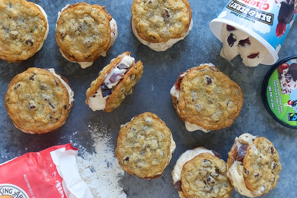 Ice cream Sandwiches made with Oatmeal Chocolate Chip Cookies and Ben and Jerry's ice cream